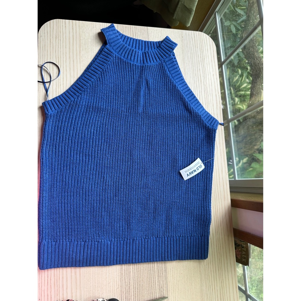 Old Navy Womens Blue Shaker Stitch Mock Neck Halter‎ Sweater Tank Top Small NWT